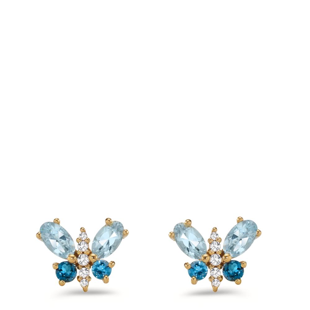 Stud earrings Silver Zirconia 10 Stones, London Blue Topaz 4 Stones, Topaz Blue, 4 Stones Yellow Gold plated Butterfly