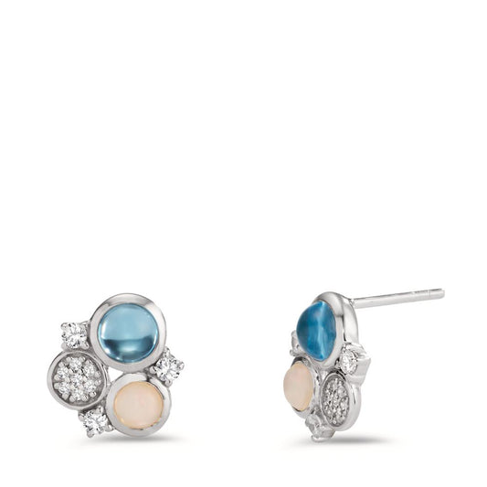 Stud earrings Silver Zirconia 18 Stones, Topaz Blue, 2 Stones, Opal 2 Stones Rhodium plated Ø12 mm