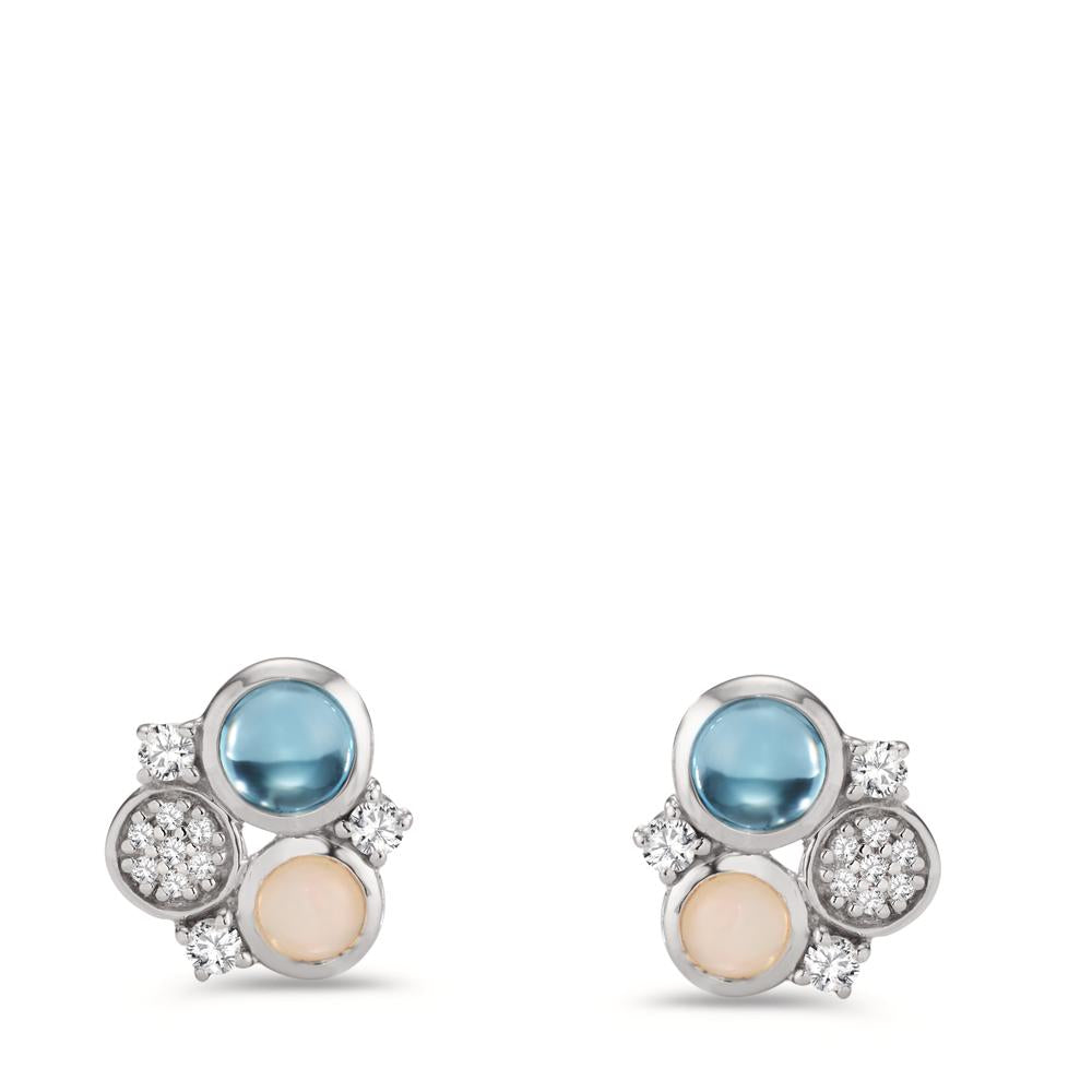 Stud earrings Silver Zirconia 18 Stones, Topaz Blue, 2 Stones, Opal 2 Stones Rhodium plated Ø12 mm