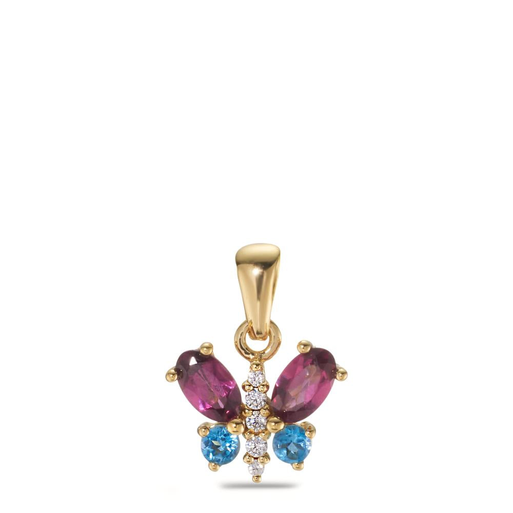 Pendant Silver Zirconia 10 Stones, Topaz Blue, 2 Stones, Garnet 2 Stones Yellow Gold plated Butterfly