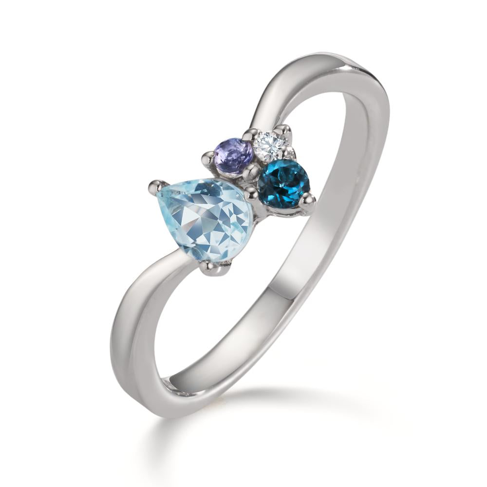 Ring Silver Zirconia, Iolite, London Blue Topaz, Topaz Blue Rhodium plated