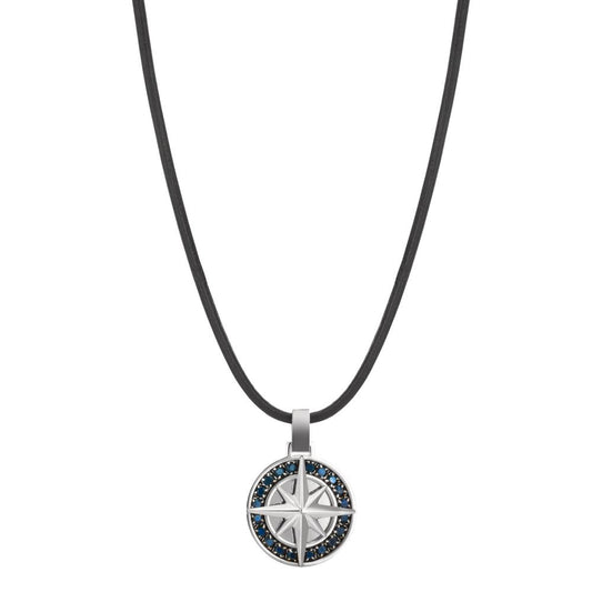 Necklace with pendant Stainless steel, Leather Zirconia Black Compass 50 cm Ø18 mm