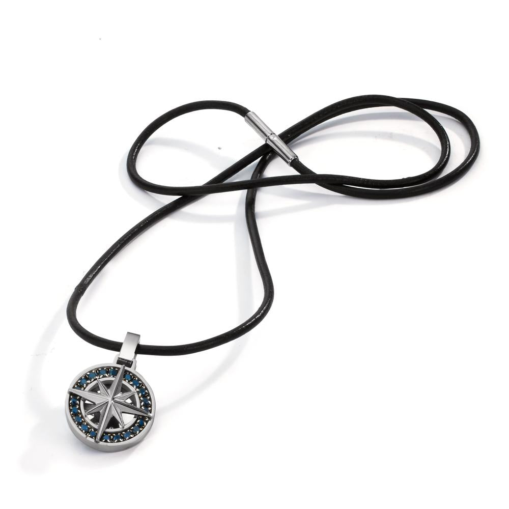 Necklace with pendant Stainless steel, Leather Zirconia Black Compass 50 cm Ø18 mm