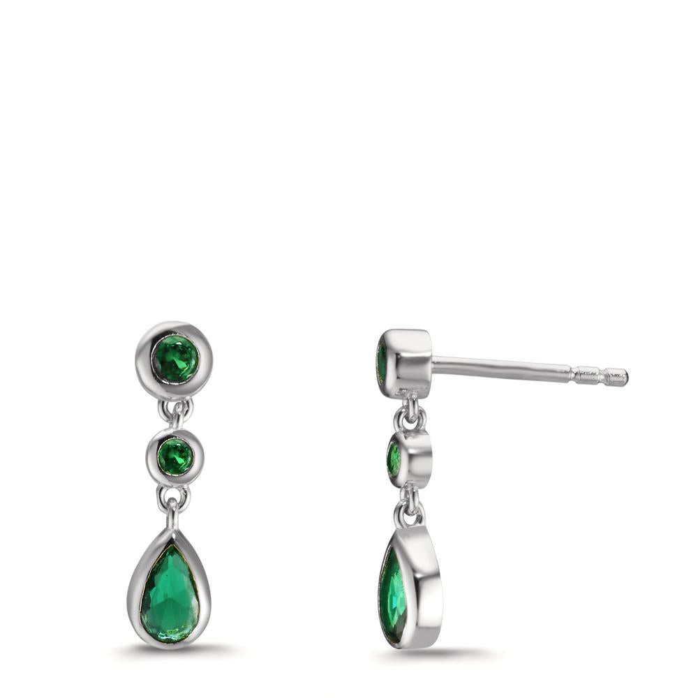 Drop Earrings Silver Zirconia Green, 6 Stones Rhodium plated