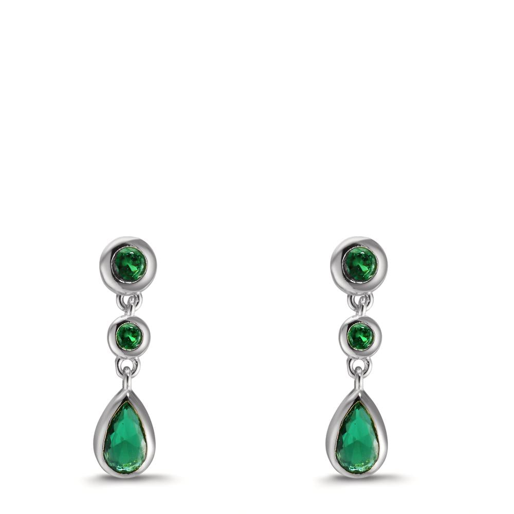 Drop Earrings Silver Zirconia Green, 6 Stones Rhodium plated