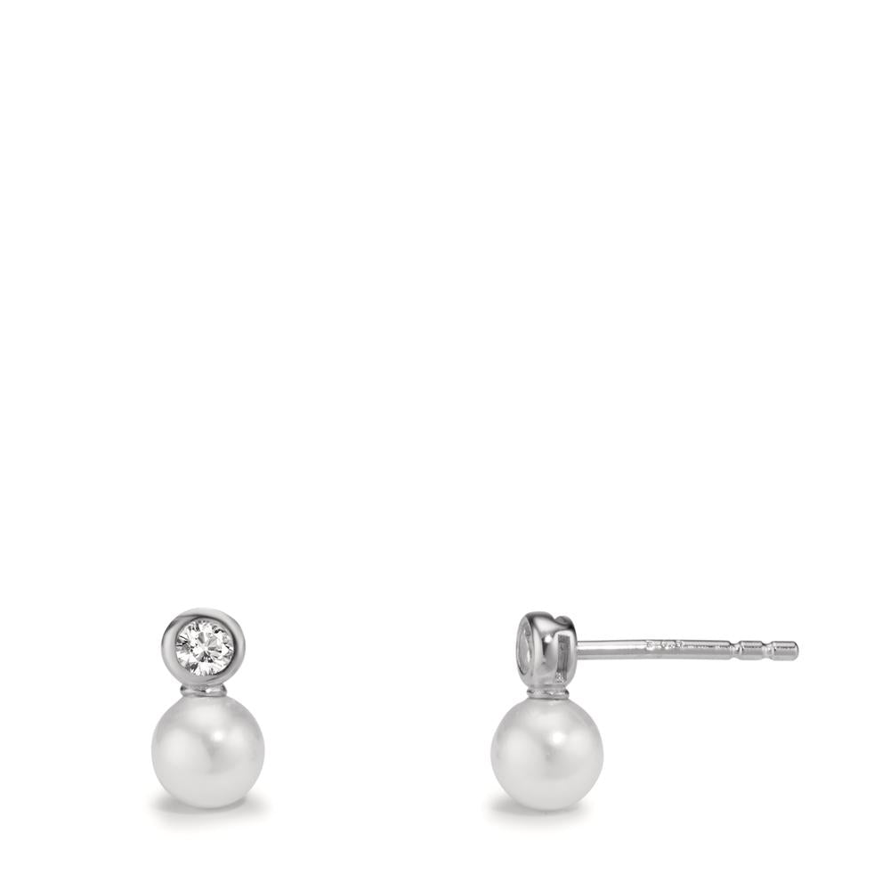 Stud earrings Silver Zirconia 2 Stones Rhodium plated Shining pearls