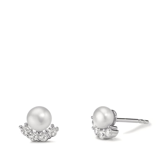 Stud earrings Silver Zirconia 8 Stones Rhodium plated Freshwater pearl Ø8 mm