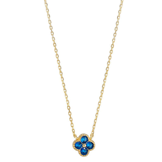 Necklace Silver Zirconia Blue, 4 Stones Yellow Gold plated Flower 40-45 cm