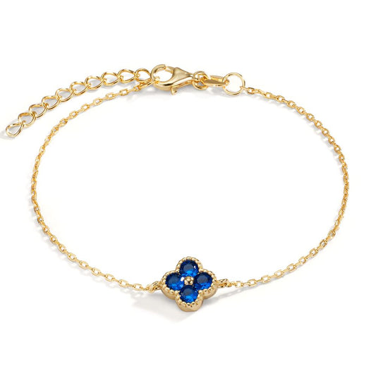 Bracelet Silver Zirconia Blue, 4 Stones Yellow Gold plated Flower 16-19 cm