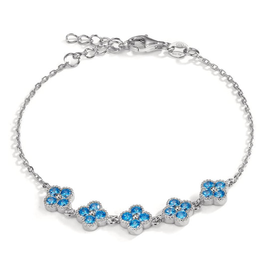 Bracelet Silver Zirconia Light Blue, 20 Stones Rhodium plated Flower 16-19 cm