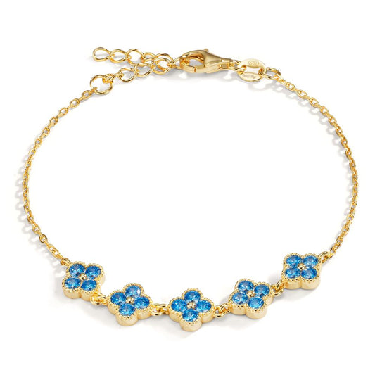 Bracelet Silver Zirconia Light Blue, 20 Stones Yellow Gold plated Flower 16-19 cm