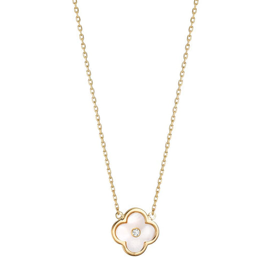 Necklace 9k Yellow Gold Zirconia Mother of pearl Flower 45 cm