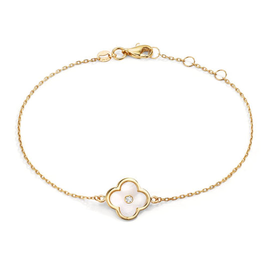 Bracelet 9k Yellow Gold Zirconia Mother of pearl Flower 17-19 cm